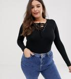 Brave Soul Plus Tara Long Sleeve Top With Lace Up Front-black