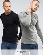 Asos 2 Pack Long Sleeve Extreme Muscle Fit T-shirt In Black/green With Crew Neck Save - Multi