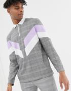 Asos Design Relaxed Long Sleeve Woven Check Polo With Color Block Panels And Zip Neck-multi