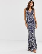 City Goddess All Over Embellished Patterned Maxi Dress - Navy