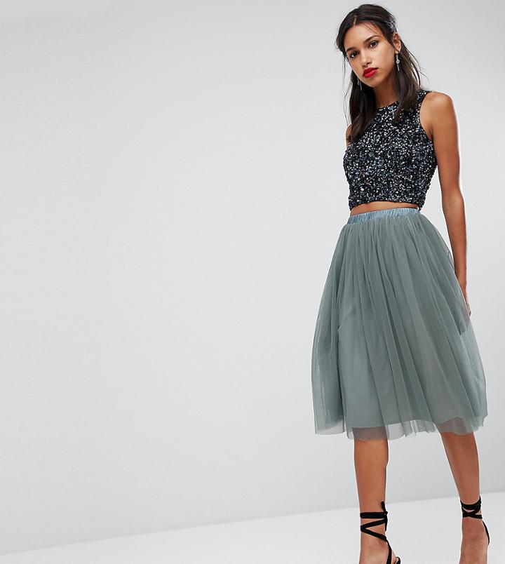 Lace & Beads Tulle Midi Skirt - Gray