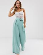 Asos Design Wide Leg Pants With Coconut Effect Trim - Blue