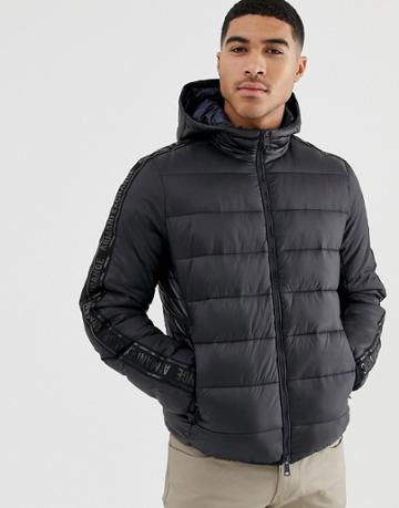 Armani Exchange Hooded Puffer Jacket With Taped Sleeves In Black - Black