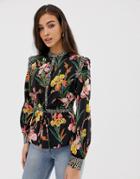 Vila Mixed Floral Print Tie Front Blouse - Black