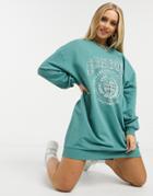 Asos Design Oversized Sweatshirt Dress With Varsity Graphic In Sage Green