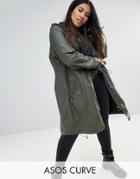 Asos Curve Waxed Parka Rainwear With Zip Detail - Green