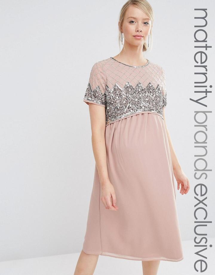 Maya Maternity Double Layer Embellished Bodice Midi Dress - Purple