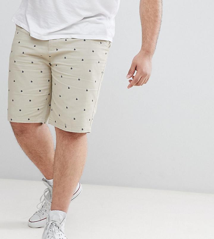 Badrhino Plus Stretch Chino Shorts With Leaf Print In Stone - Stone