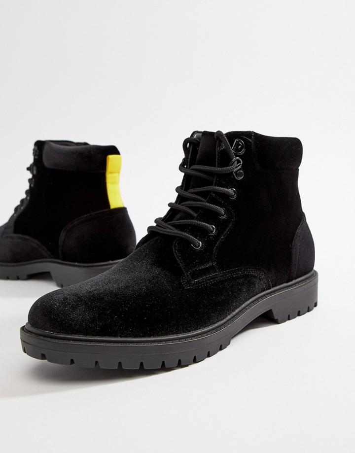 Asos Design Hiker Boots In Black Velvet With Contrast Laces - Black