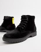 Asos Design Hiker Boots In Black Velvet With Contrast Laces - Black