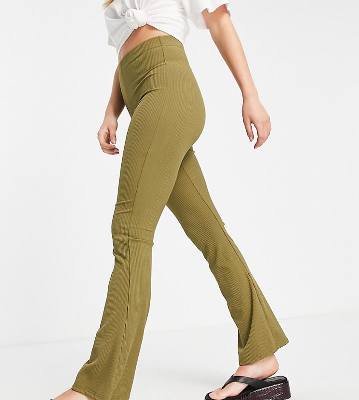 Topshop Petite Skinny Rib Flared Pants In Olive-green