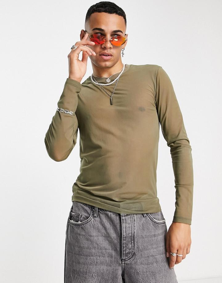 Asos Design Muscle Long Sleeve T-shirt In Khaki Mesh In Polyester - Khaki-green