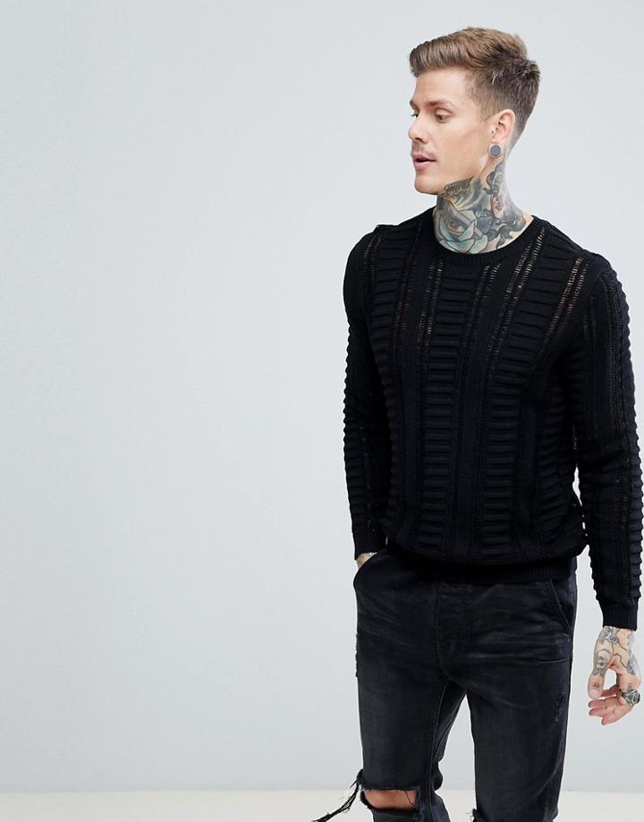 Asos Textured Crew Neck Sweater With Mesh Panels - Black