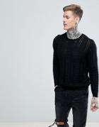 Asos Textured Crew Neck Sweater With Mesh Panels - Black