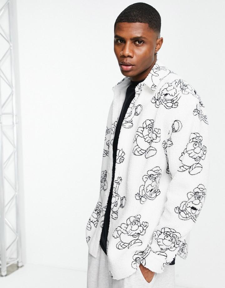 Asos Design 90s Oversized Mr Potato Head Print Shirt In Fleece-white