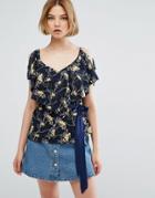 Qed London Printed Tie Waist Top - Navy