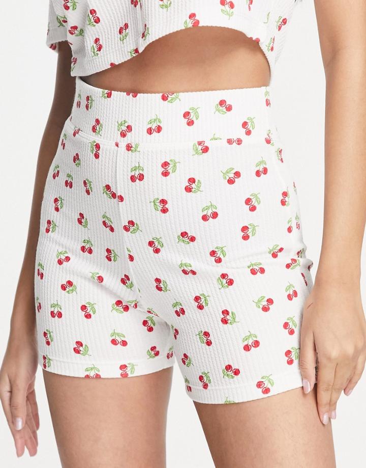 Topshop Cropped Length Ribbed Legging Shorts In Cherry Print - Part Of A Set-multi