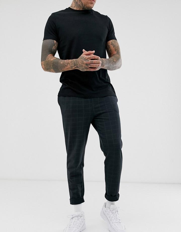 Brave Soul Jersey Draw String Pants With Check In Navy
