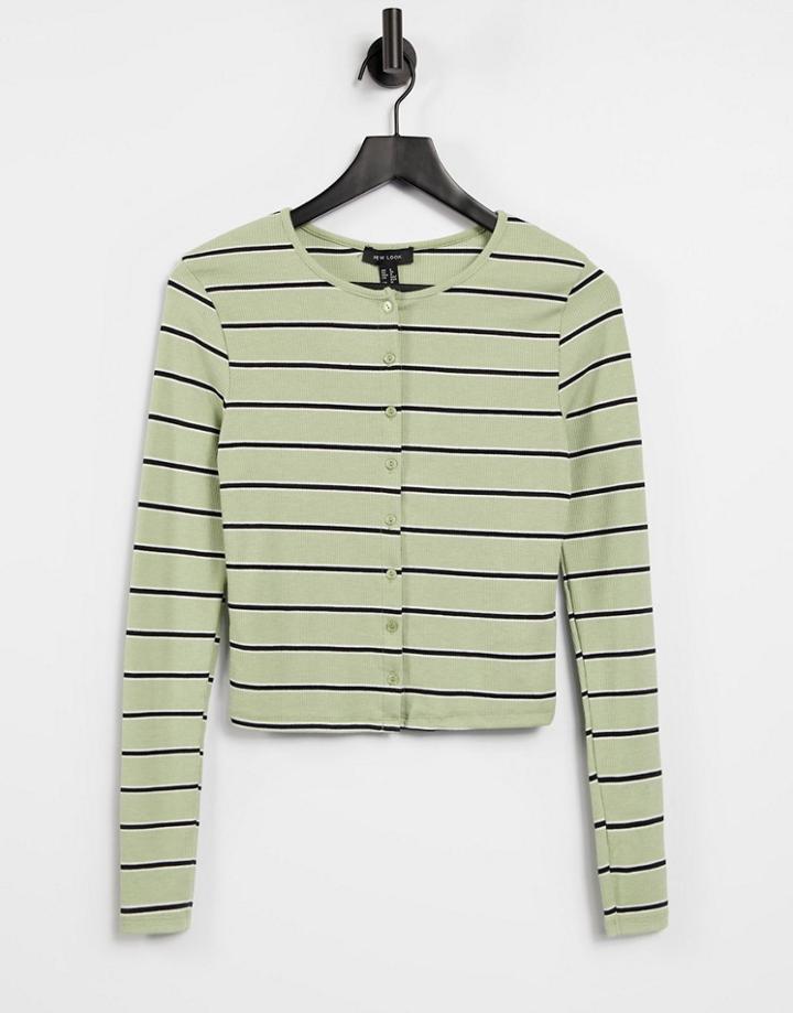 New Look Button Up Cardi Top In Khaki Stripe-green