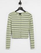 New Look Button Up Cardi Top In Khaki Stripe-green