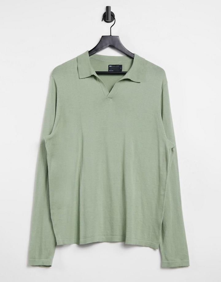 Asos Design Knitted Muscle Fit Polo Revere In Mint Green
