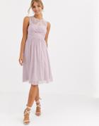 Lipsy Ruched Midi Dress With Lace Yoke And Embellished Neck In Lavender - Purple