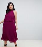Asos Design Curve Halter Tie Neck Midi Dress In Pleat - Red
