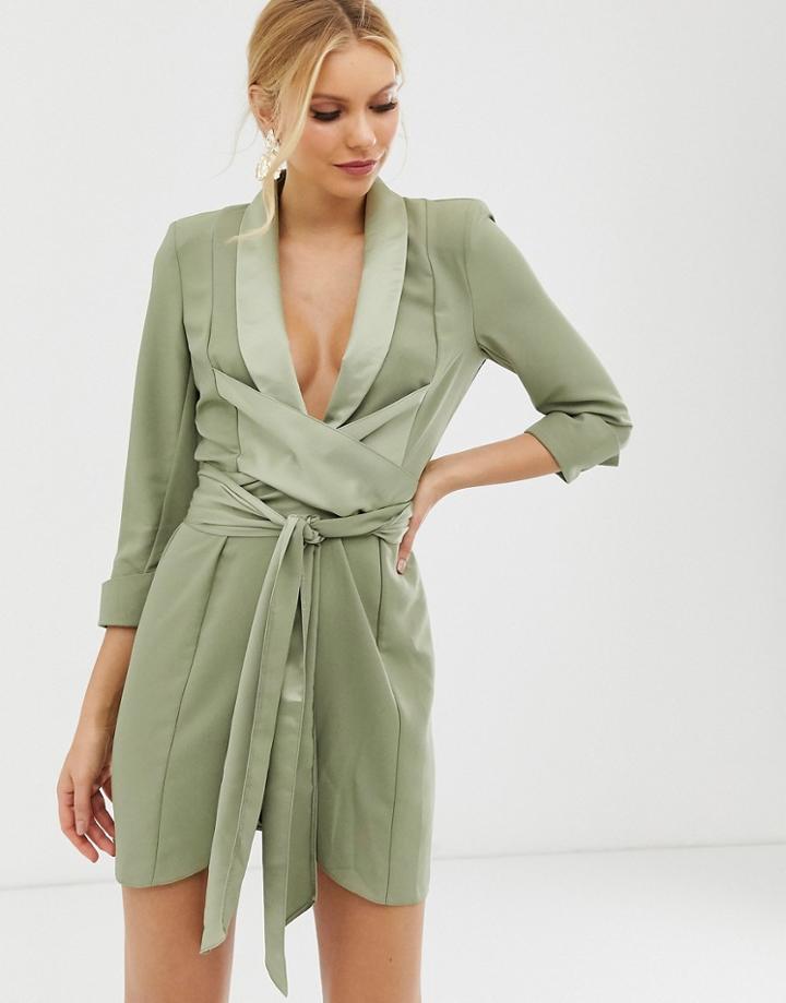 Asos Design Mini Tux Dress With Self Tie Belt - Green