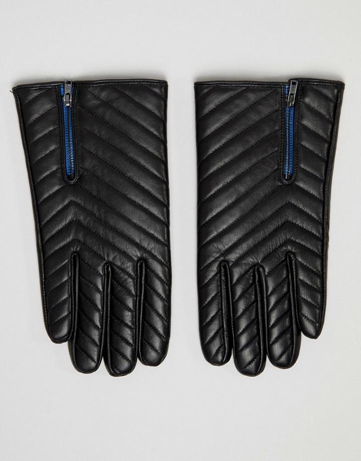 Asos Design Leather Gloves In Black Quilt With Zip Detail - Black