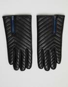 Asos Design Leather Gloves In Black Quilt With Zip Detail - Black