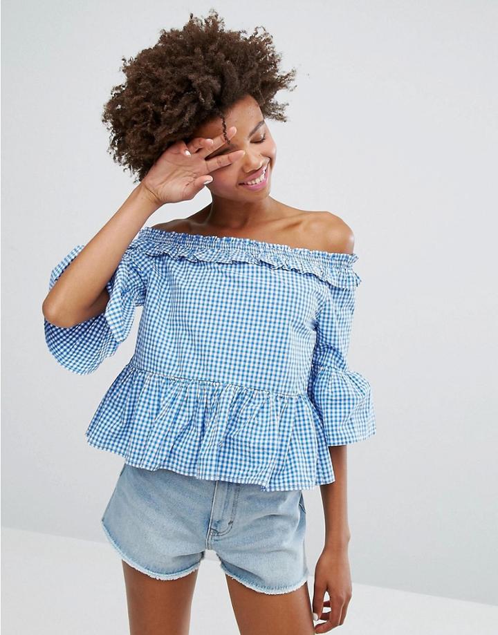 Monki Gingham Ruffle Bardot Top - Blue