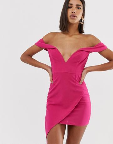 Love Triangle Scuba Bardot Plunge Mini Dress With Asymmetric Wrap Skirt In Raspberry-pink