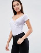 Asos Off Shoulder Top With Wrap Front And Cap Sleeves - Purple