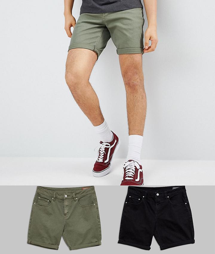 Asos Design Denim Shorts In Slim Black And Green - Multi