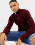 Asos Design Muscle Fit Waffle Textured Half Zip Sweater In Burgundy - Red
