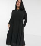 Asos Design Curve Long Sleeve Tiered Smock Midi Dress In Black