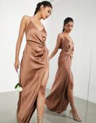 Asos Edition Satin Cami Maxi Dress With Drape Detail In Mocha-brown
