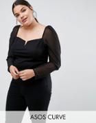 Asos Curve Ultimate 80's Top With Mesh Power Sleeves - Black