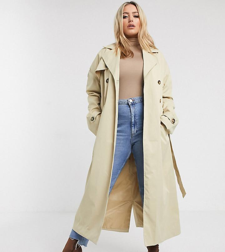 Missgudied Plus Trench Coat In Stone-neutral
