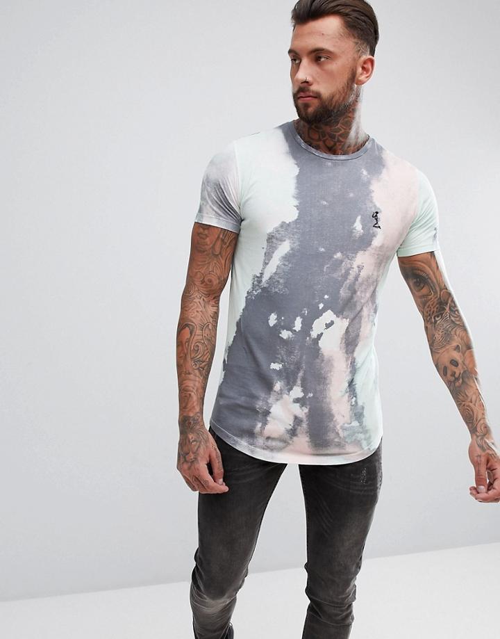 Religion Longline T-shirt With Curved Hem In Storm Print - Green