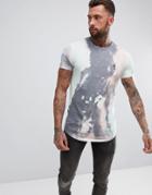 Religion Longline T-shirt With Curved Hem In Storm Print - Green