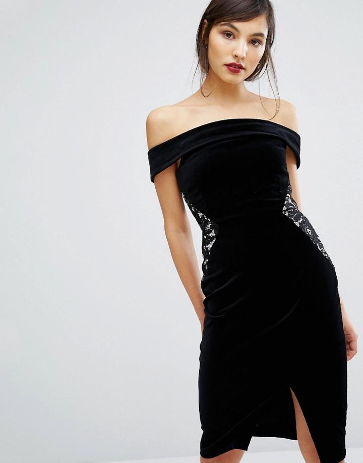Oasis Velvet And Lace Bardot Dress - Black
