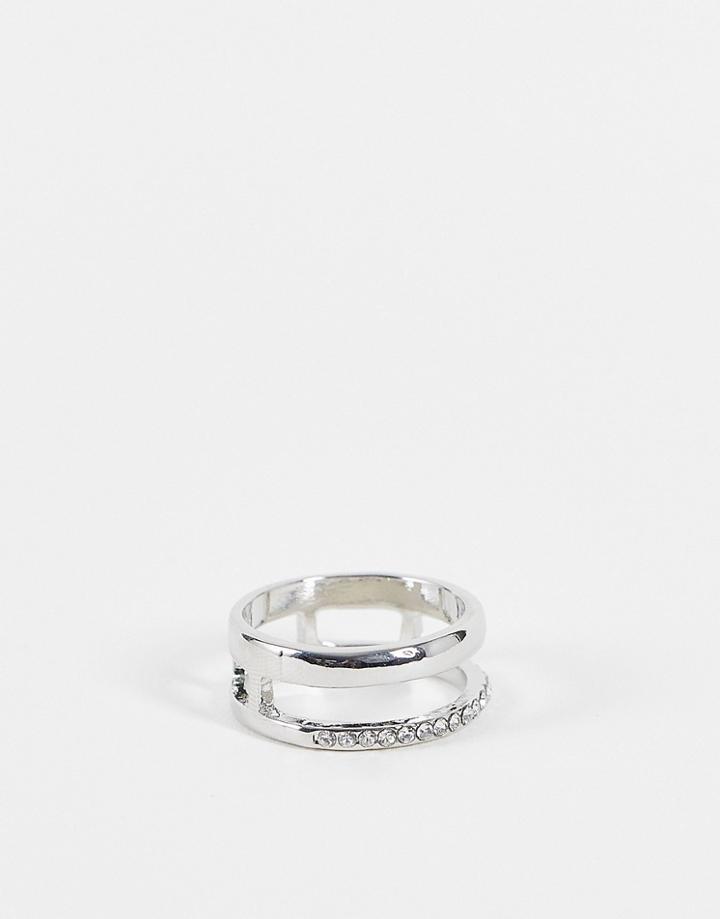 Designb London Curve Ring Stacking Effect With Pave Detail In Silver