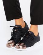 Adidas Originals Black Metallic Superstar Sneakers With Rose Gold Toe