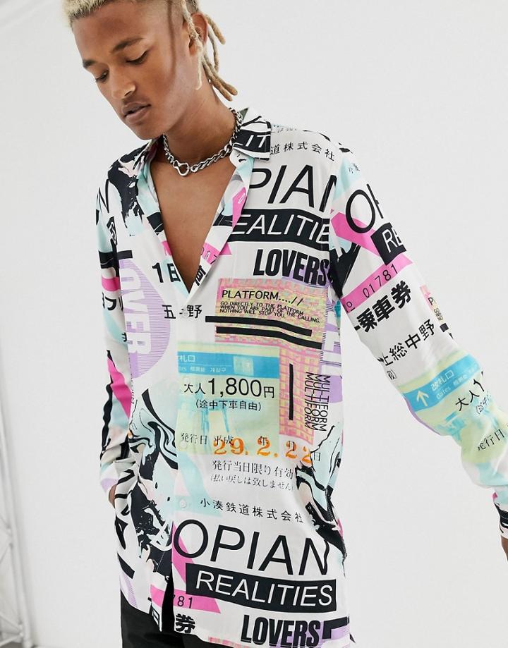 Asos Design Regular Longline Text Print Shirt - White
