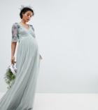 Maya Maternity Embellished Tulle Sleeve Maxi Tulle Dress - Green