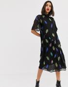 Lost Ink Maxi Tea Dress With High Neck With Embroidered Feather Detail - Black
