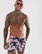 Asos Design Swim Shorts With Palm Tree Print In Short Length-pink