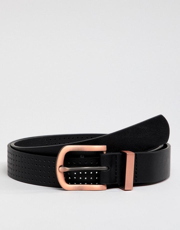 Asos Design Faux Leather Slim Belt In Black With Burnished Rose Gold Buckle And Metal Keeper - Black