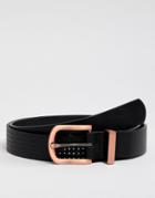 Asos Design Faux Leather Slim Belt In Black With Burnished Rose Gold Buckle And Metal Keeper - Black